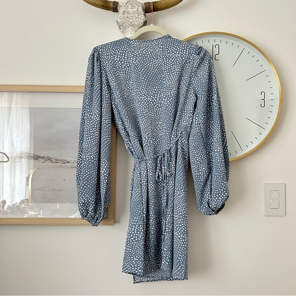 Glamorous Blue Polka Dot Wrap Dress | Puff Sleeve Mini 2 - Picture 5 of 5
